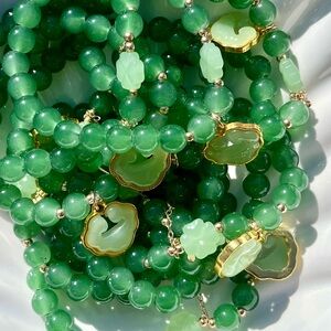 Jade Green Toned Glass Beaded Bracelets With Geode Style Charm NWOT